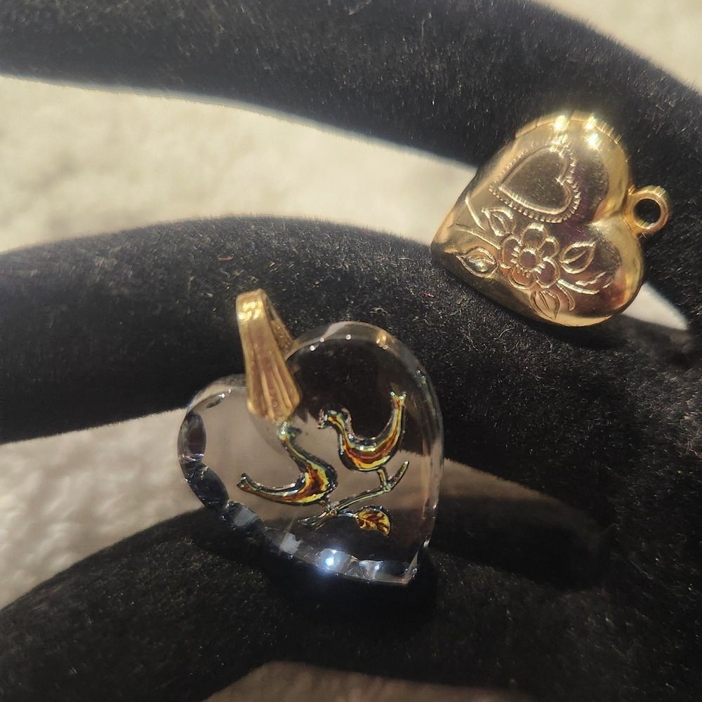 Vintage Heart Pendant Lot‎ Crystal Intaglio Bird Gold Tone Locket Floral 2pc